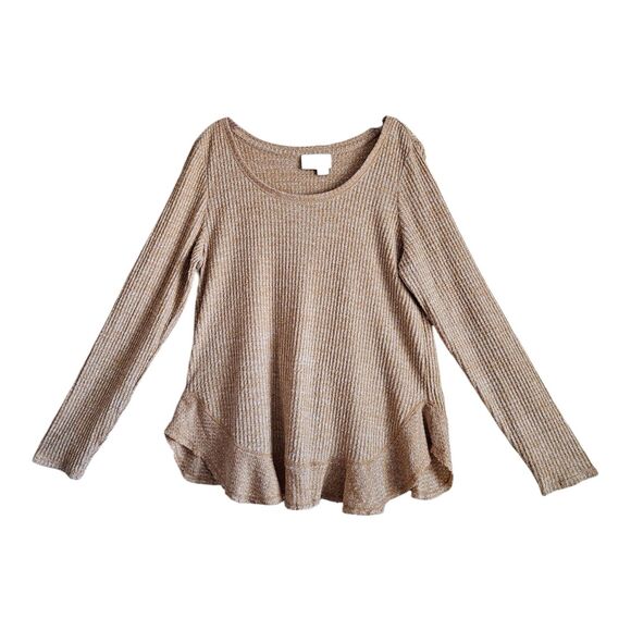 ANTHROPOLOGIE Saturday Sunday L Boho Top Waffle Knit Yellow Raw Edge Ruffle 38" - Picture 1 of 8